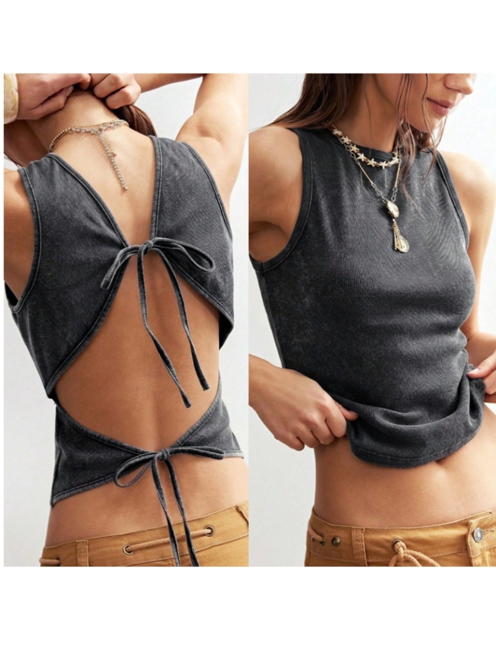 Cotton Backless Black Tank Top Rib-Knit